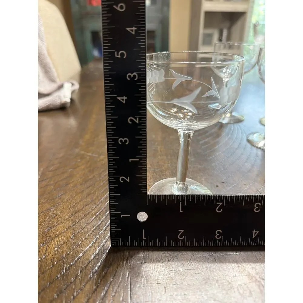 Vintage Etched Glass Wine Claret Glass Set Of 5 Stemware 4 3/4